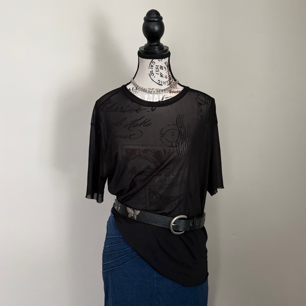 Garage black short sleeve sheer mesh grungy festival top | swim cover up